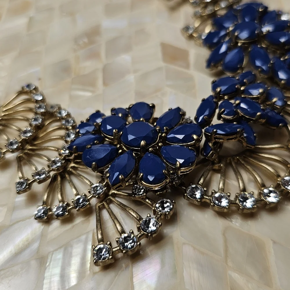 [J. CREW] Vintage Gold Tone Blue Stones Fan Crysral Gemstones Statement Necklace